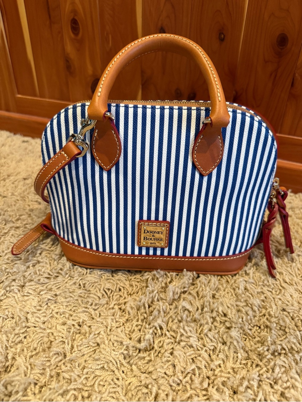 Dooney & Bourke Blue and White Striped Mini Satchel with Tan Trim